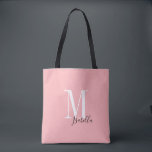Bolsa Tote Nome simples personalizado e cor-de-rosa monograma<br><div class="desc">Monograma personalizado moderno elegante e sacos de tote de nome em preto, branco e cor-de-rosa, simples e na moda. Presentes personalizados de noiva em festa de casamento, chá de panela ou festa de solteira. Personalize a cor de fundo com sua escolha.</div>