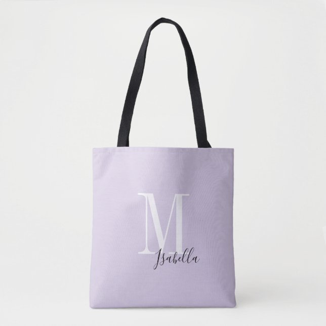 Bolsa Tote Nome simples personalizado e monograma roxo (Frente)