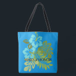 Bolsa Tote Nome tropical do costume da madrinha de casamento<br><div class="desc">Saco tropical moderno do casamento de praia. Plantas tropicais,  flores,  hibiscus,  azul de oceano,  madrinha de casamento,  nome na parte traseira.
Você pode facilmente mudar o nome na parte traseira.</div>