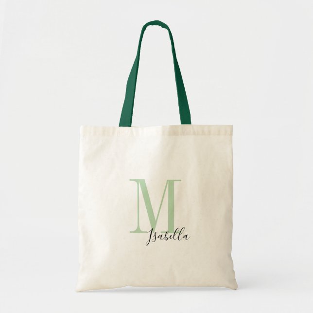 Bolsa Tote Nome verde simples e monograma personalizados (Frente)