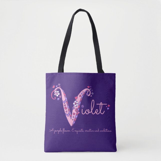 Bolsa Tote Nome violeta e significado do saco do monograma de (Frente)