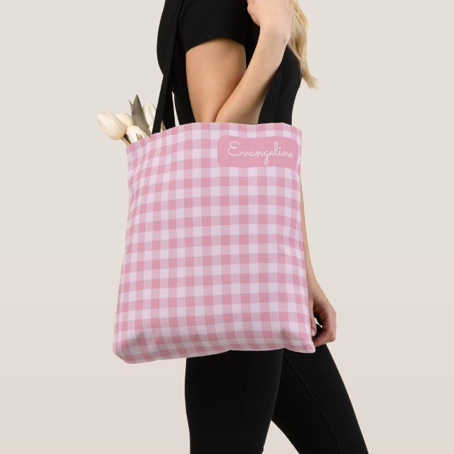Bolsa Tote Nome Xadrez Rosa Gingham Feminino (Close Up)