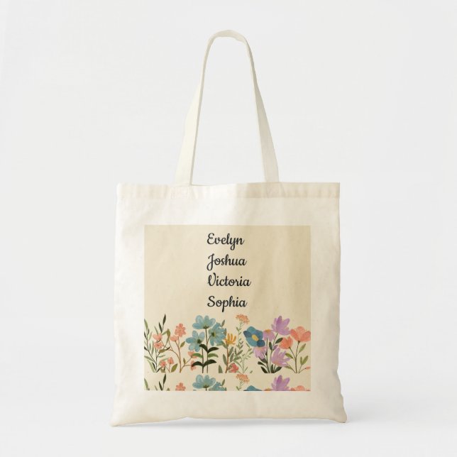 Bolsa Tote Nomes de netos personalizados flores silvestres (Frente)