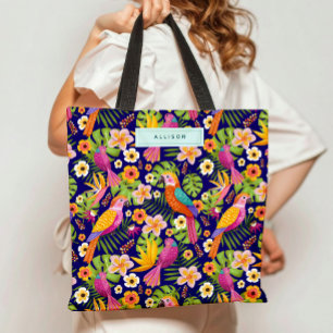 Bolsa Tote Nomes Personalizados Ilustrados com Pássaros Tropi