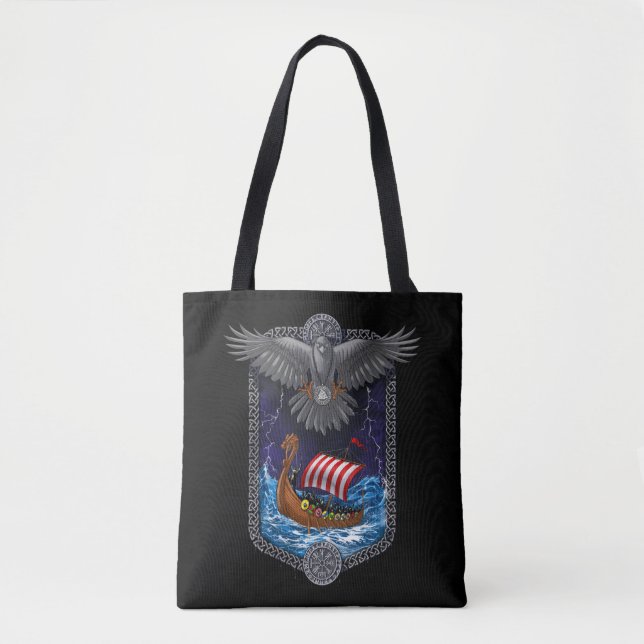 Bolsa Tote Nórdico Viking Ship Raven (Frente)