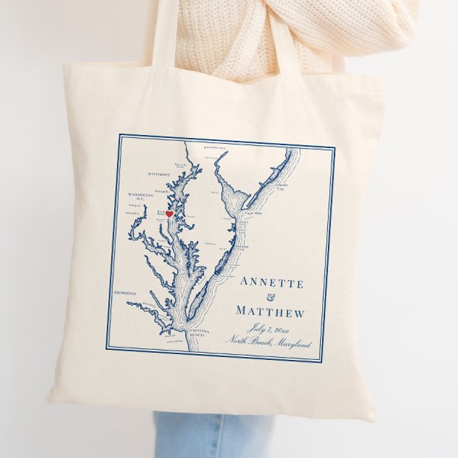 Bolsa Tote North Beach Maryland Elegant Marinho Wedding Welco (Personalized North Beach Maryland Wedding Favor Tote Bag in elegant navy blue by Coastal Map Designs)