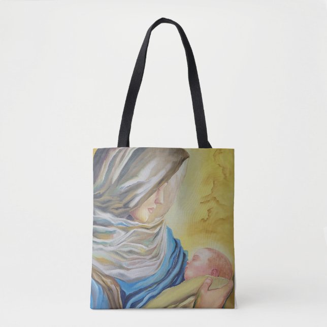 Bolsa Tote Nossa Senhora do Silêncio segurando Jesus bebê (Frente)