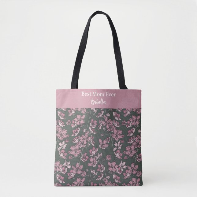 Bolsa Tote Nostalgical Pink Floral Melhor Mãe Nome Personaliz (Frente)