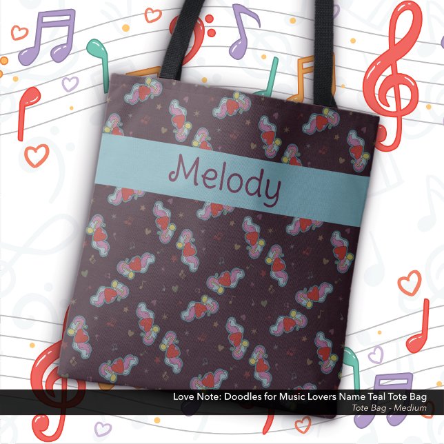 Bolsa Tote Nota de Amor: Doodles para Music Lovers Name Teal (Love Note: Doodles for Music Lovers Tote Bag: Personalized with Your Name - Teal)