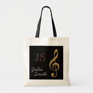 Bolsa Tote nota g-clef de música negra ouro personalizada