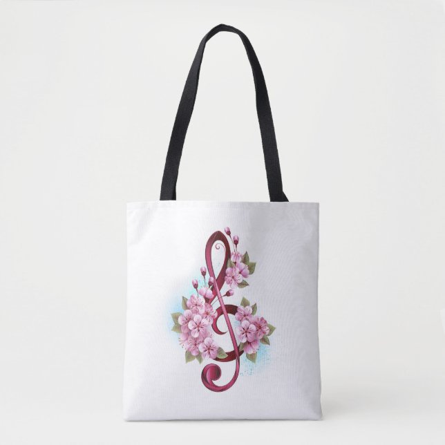Bolsa Tote Notas de clave de trecho musical com flores de Sak (Frente)