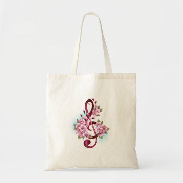 Bolsa Tote Notas de clave de trecho musical com flores de Sak (Frente)