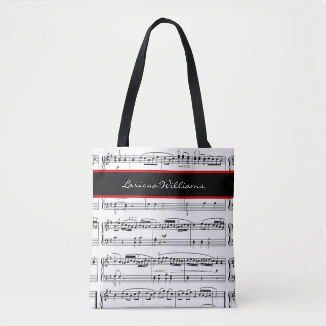 Bolsa Tote Notas de música B/W com nome, personalizadas (Frente)