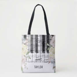 Bolsa Tote notas musicais de flores pálidas piano