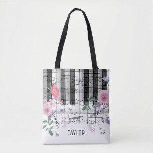 Bolsa Tote notas musicais de flores silvestres piano