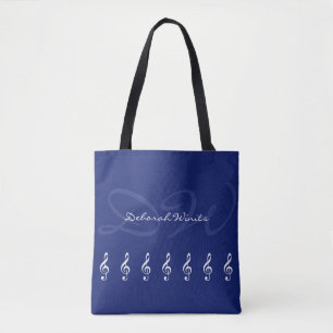 Bolsa Tote notas musicais gráficas com nome em azul
