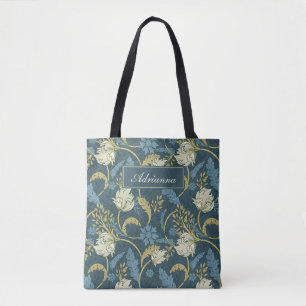 Bolsa Tote Nouveau de Creme e Arte Floral Azul