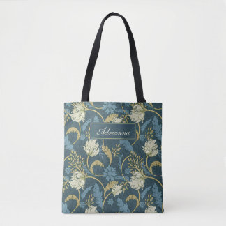Bolsa Tote Nouveau de Creme e Arte Floral Azul