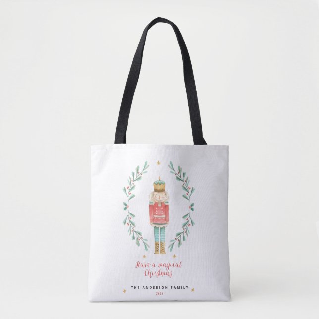 Bolsa Tote Noz-cracker de aquarela botânica e fofo Natal (Frente)