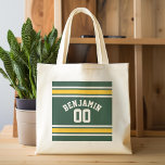 Bolsa Tote Número de Nome Personalizado de Futebol de Jersey<br><div class="desc">Adicione seu nome e número favorito — Este design de esporte de oliveira e ouro é perfeito para qualquer fã profissional,  universitária ou segundo grau. Você pode até reclamar isso para a sua equipe de futebol de fantasia. Clique no botão PERSONALIZAR para fazer ainda mais alterações.</div>