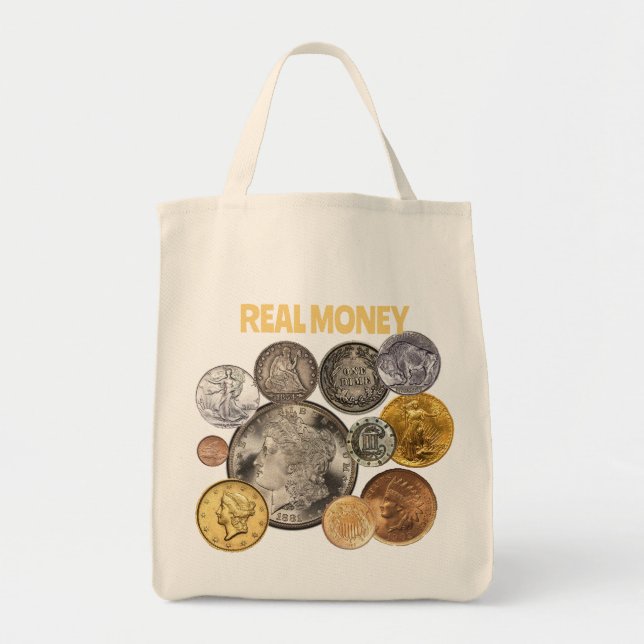 Bolsa Tote Numismáticos: Dourado e prata são dinheiro real (Frente)