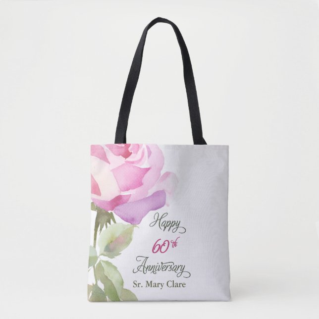 Bolsa Tote Nun 60th Anniversary Jubilee Custom Name Pink Rose (Frente)