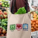 Bolsa Tote Nutrição do Amor pela Paz<br><div class="desc">Paz Amor Nutrição. Um presente nutricionista bonito para um dietista ou dietista que trabalha com saúde e dietas usando a pirâmide da comida.</div>