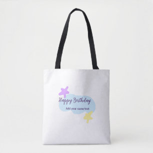 Bolsa Tote Nuvens azul pastel estrelas roxo feliz aniversário