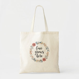 Bolsa Tote "O Amor Cresce Aqui" com Coroa Floral