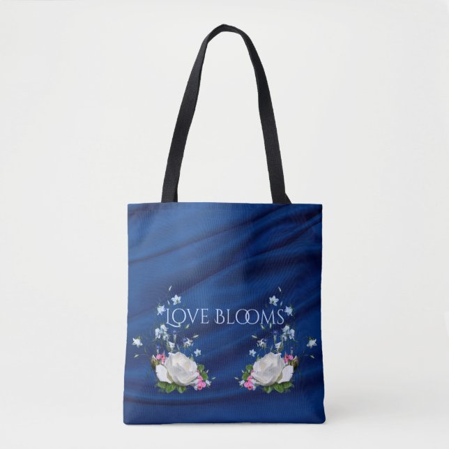 Bolsa Tote O amor floresce os rosas que brancos o azul (Frente)