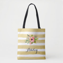 Bolsa Tote O branco Dourado listra o monograma da flor da