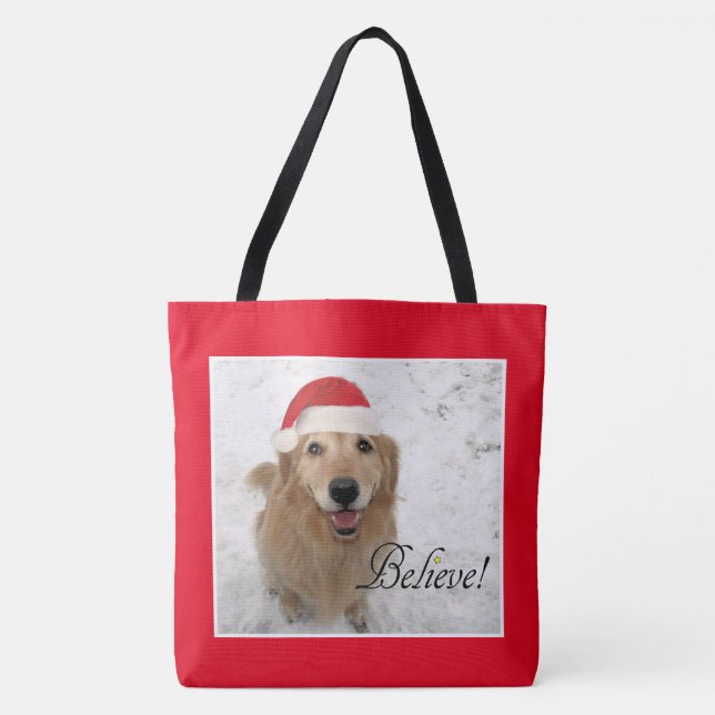 Bolsa Tote O cão do golden retriever acredita o Natal (Frente)