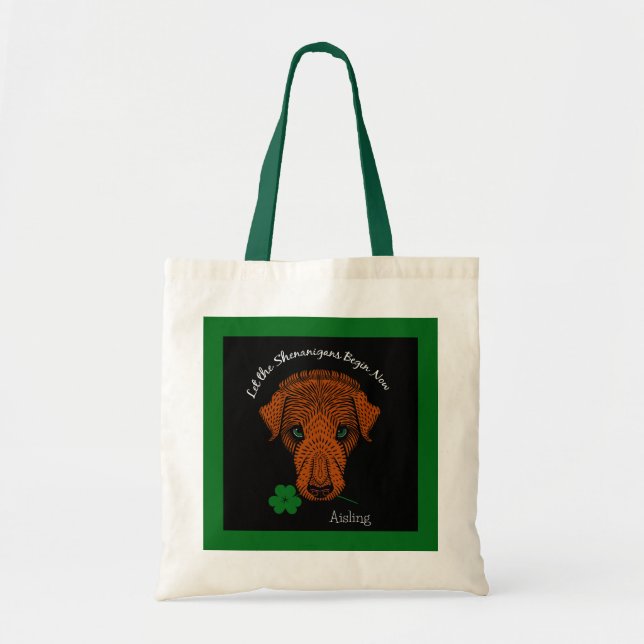 Bolsa Tote O cão irlandês Wolfhound com Shamrock e seu nome (Frente)