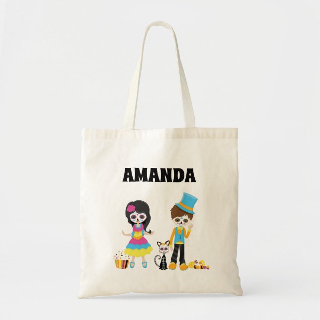 Bolsa Tote O crânio de açúcar personalizado do Halloween (Frente)