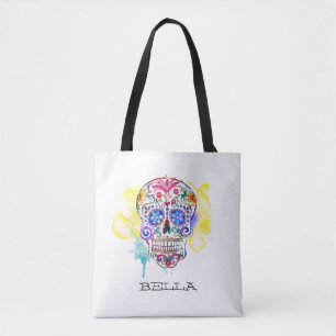 Bolsa Tote O crânio do açúcar - Dia Colorido Incluso do Nome