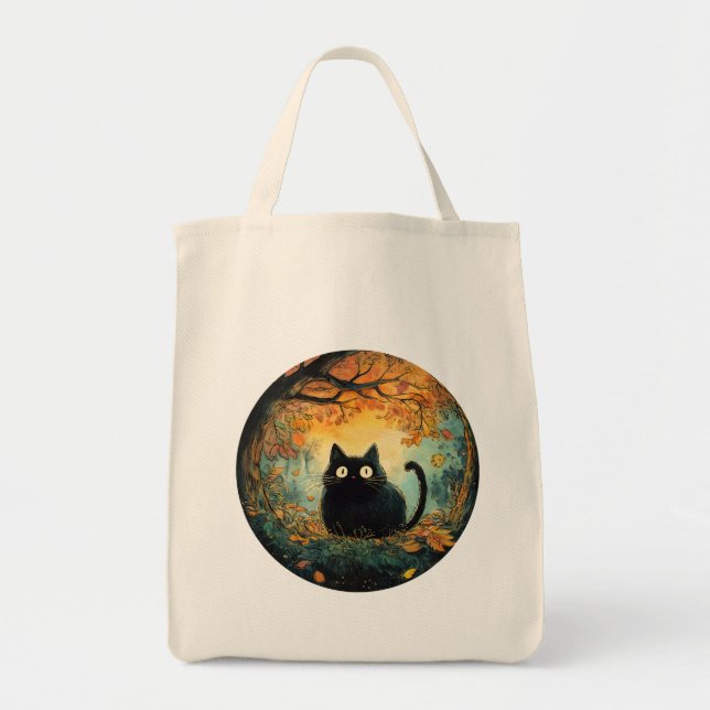 Bolsa Tote O outono deixa aconchegante cair o gato preto na m (Frente)