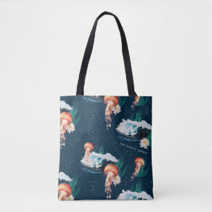 Bolsa Tote O padrão de águas-vivas do oceano Lotus Branco