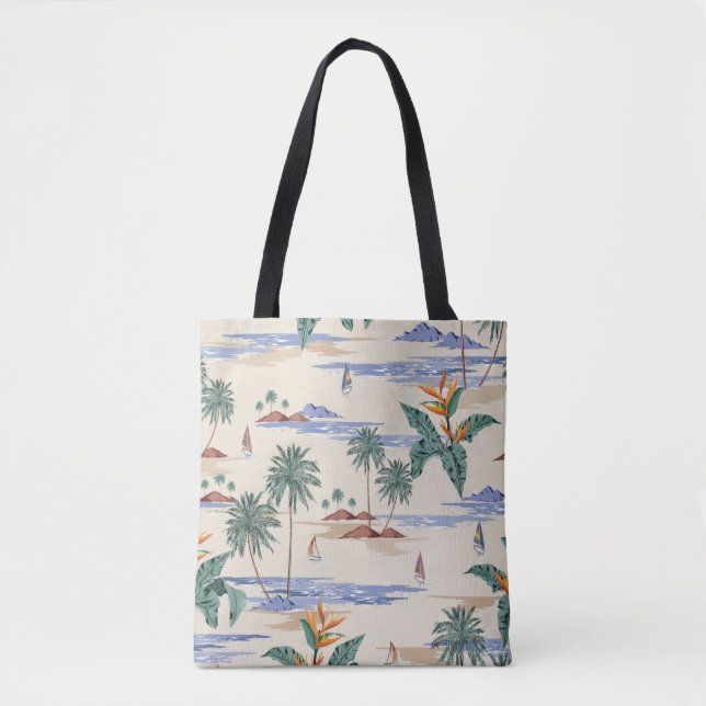 Bolsa Tote O padrão de ilha tropical retrô sem costura à luz  (Frente)