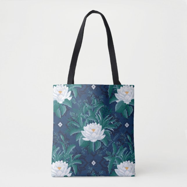 Bolsa Tote O Padrão do Lotus Midnight White (Frente)