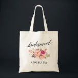 Bolsa Tote O rosa da caligrafia cora nome floral da dama de<br><div class="desc">A caligrafia elegante moderna,  rosa da aguarela cora sacola floral do nome da dama de honra</div>