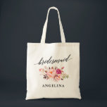 Bolsa Tote O rosa da caligrafia cora nome floral da dama de<br><div class="desc">A caligrafia elegante moderna,  rosa da aguarela cora sacola floral do nome da dama de honra</div>