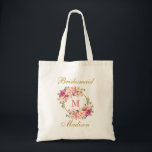 Bolsa Tote O rosa floral cora dama de honra Dourado do<br><div class="desc">O rosa da aguarela cora sacola Dourado floral da dama de honra do monograma</div>