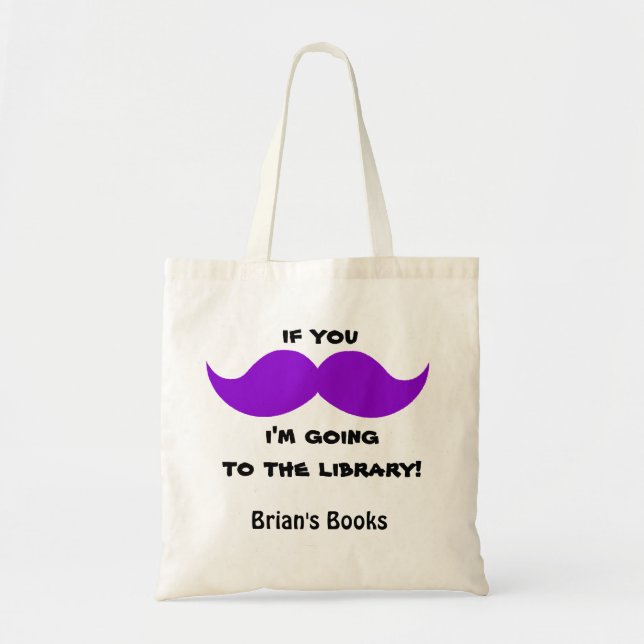 Bolsa Tote O saco de livro roxo da biblioteca do Moustache, (Frente)