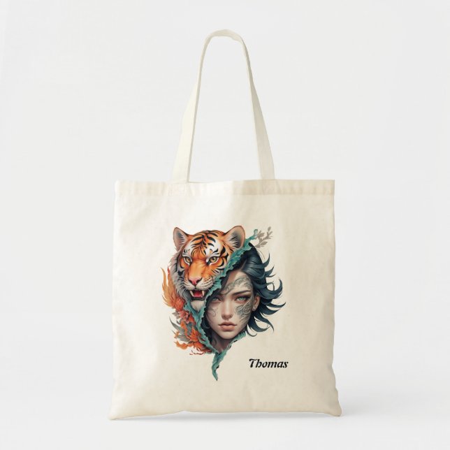 Bolsa Tote O tigre e a mulher, força e graça. (Frente)