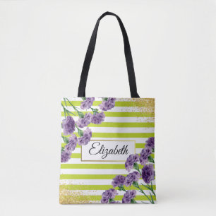 Bolsa Tote O verde limão listra confetes roxos do ouro dos