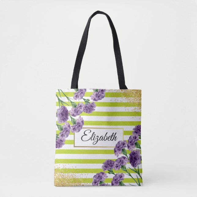 Bolsa Tote O verde limão listra confetes roxos do ouro dos (Frente)
