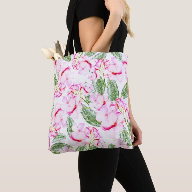 Bolsa Tote Oásis Botânico Tropical Verde Rosa Folhas Florais (Close Up)