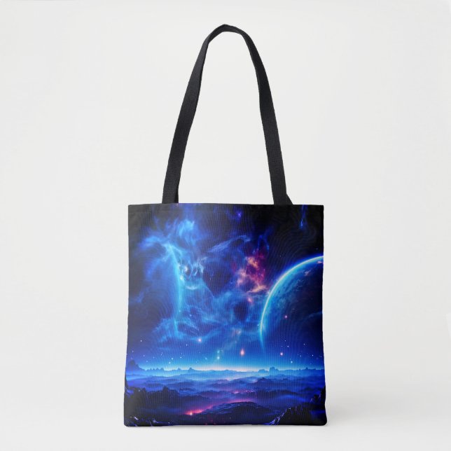 Bolsa Tote Oásis Galáctica: Paisagem Estelar da Nebulosa Azul (Frente)