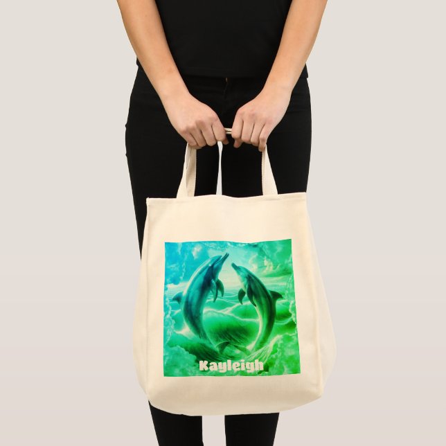 Bolsa Tote Oceano de golfinhos azul e verde monograma | (Frente (produto))