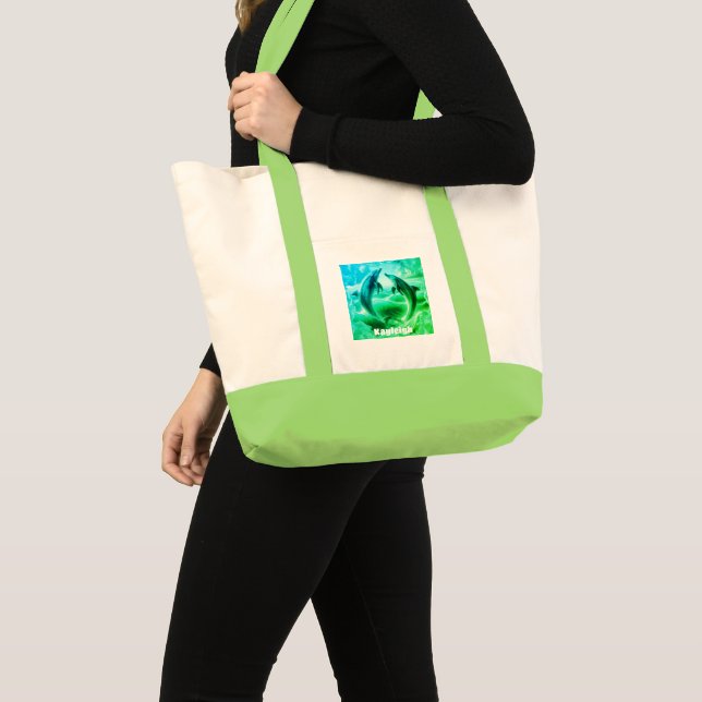 Bolsa Tote Oceano de golfinhos azul e verde monograma | (Frente (produto))